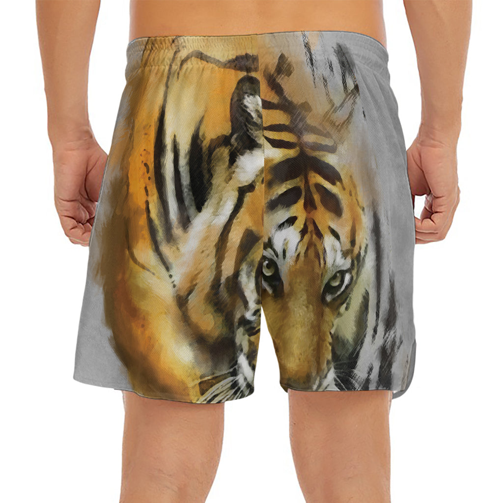Tiger Painting Print Men's Split Running Shorts