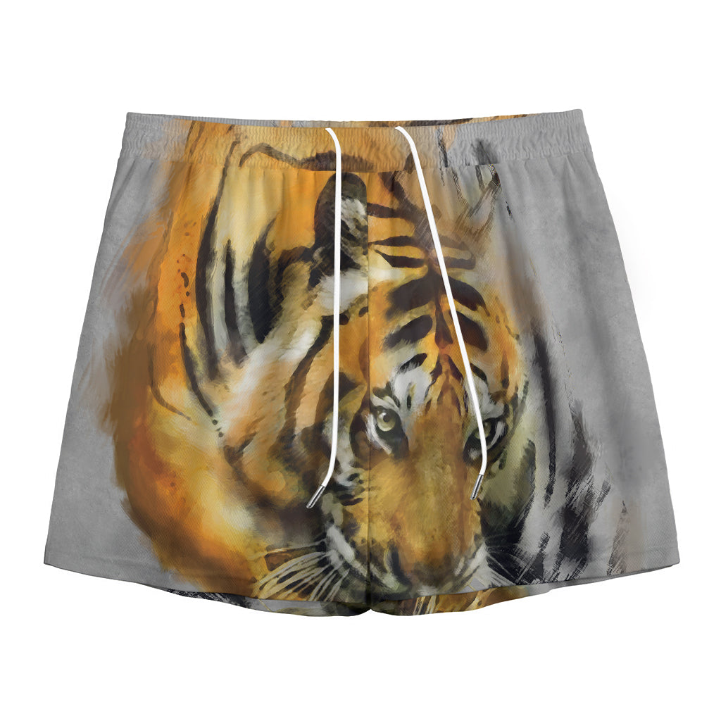 Tiger Painting Print Mesh Shorts