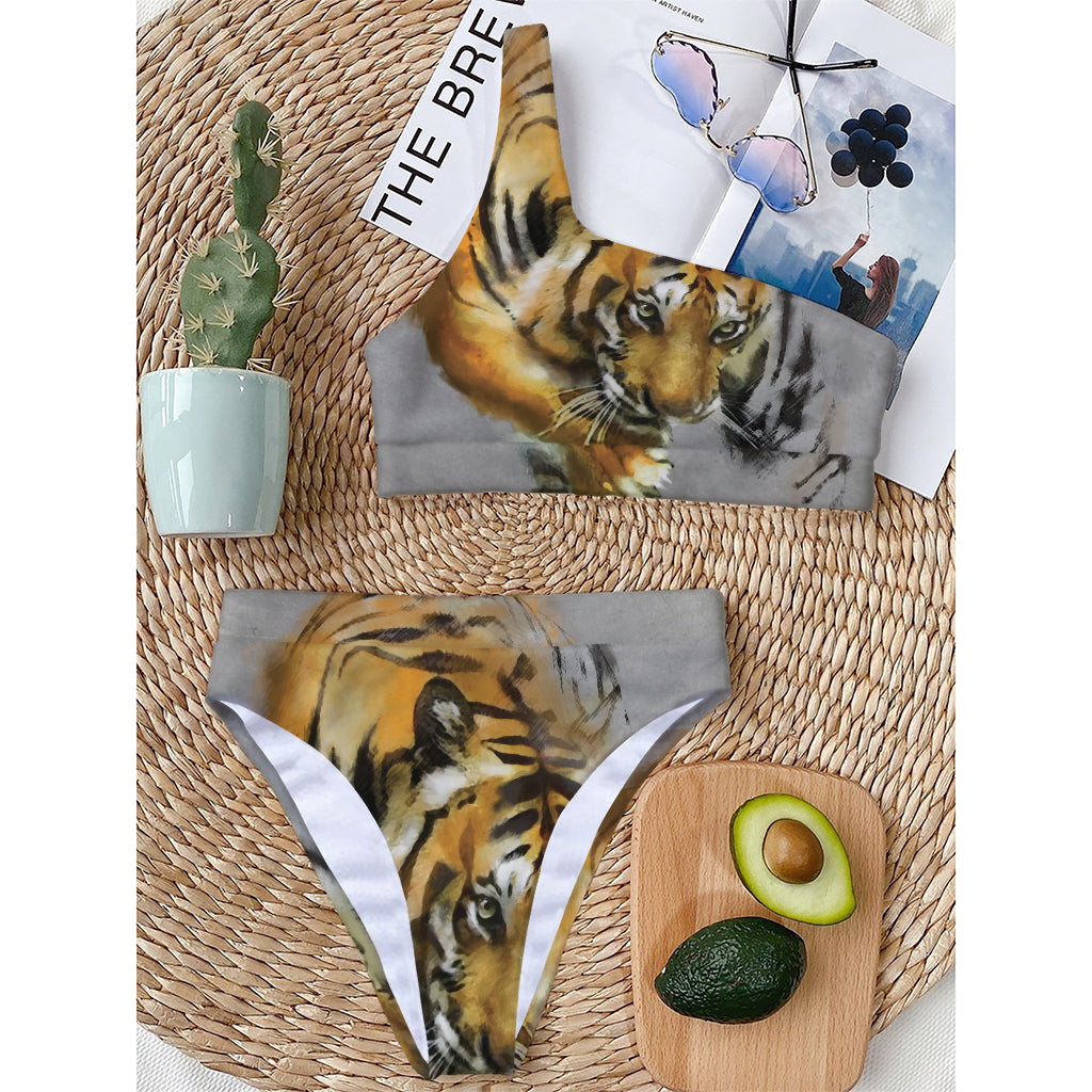 Tiger Painting Print One Shoulder Bikini Top