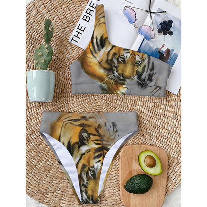 Tiger Painting Print One Shoulder Bikini Top