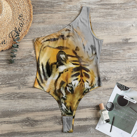 Tiger Painting Print One Shoulder Bodysuit