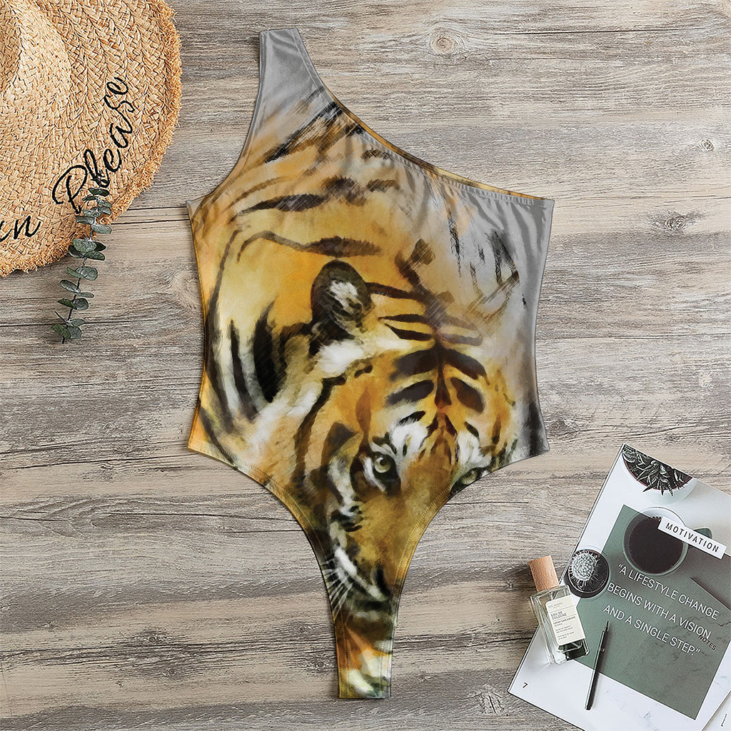Tiger Painting Print One Shoulder Bodysuit