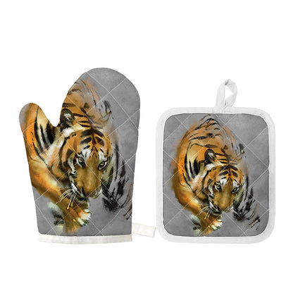 Tiger Painting Print Oven Mitt And Pot Holder Set