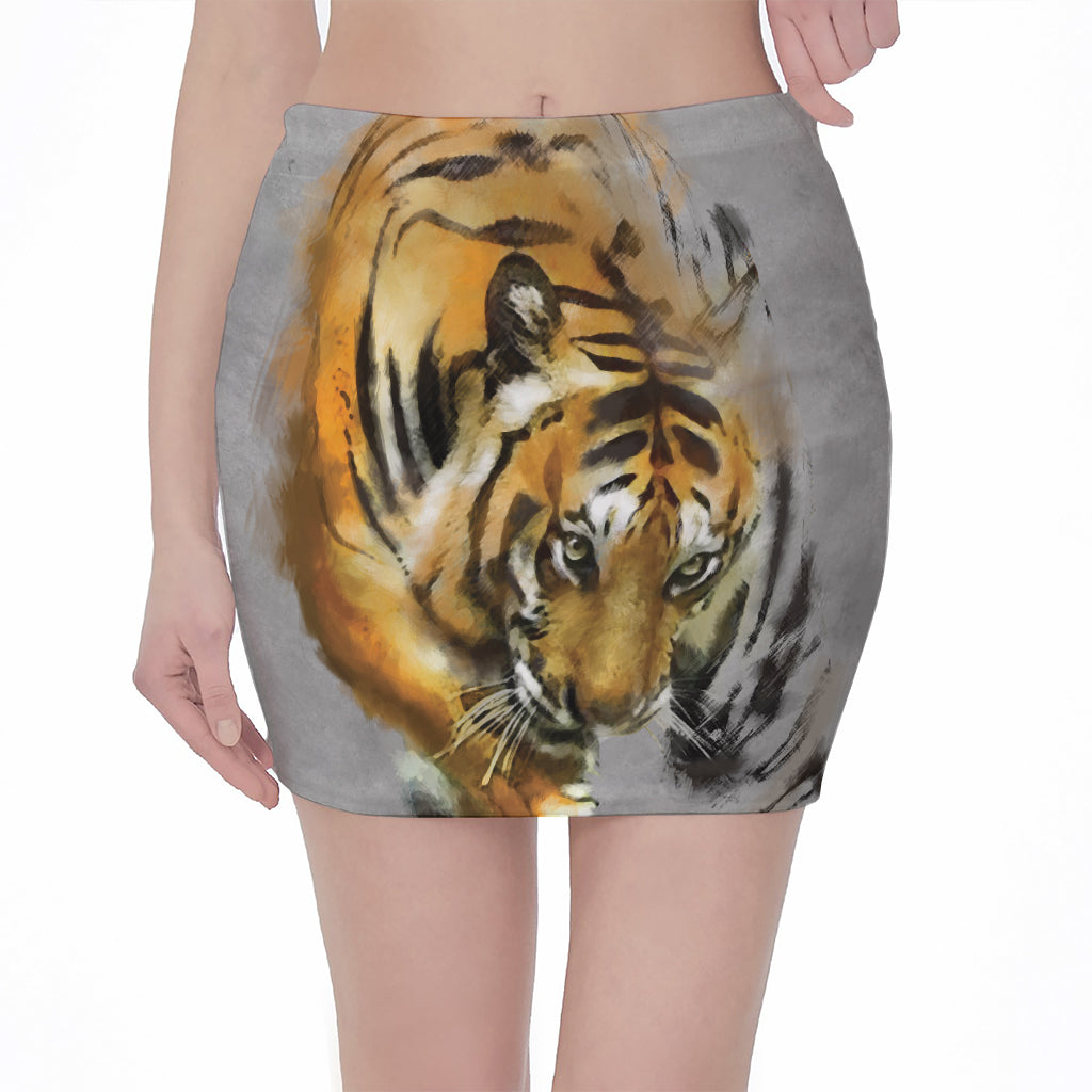 Tiger Painting Print Pencil Mini Skirt