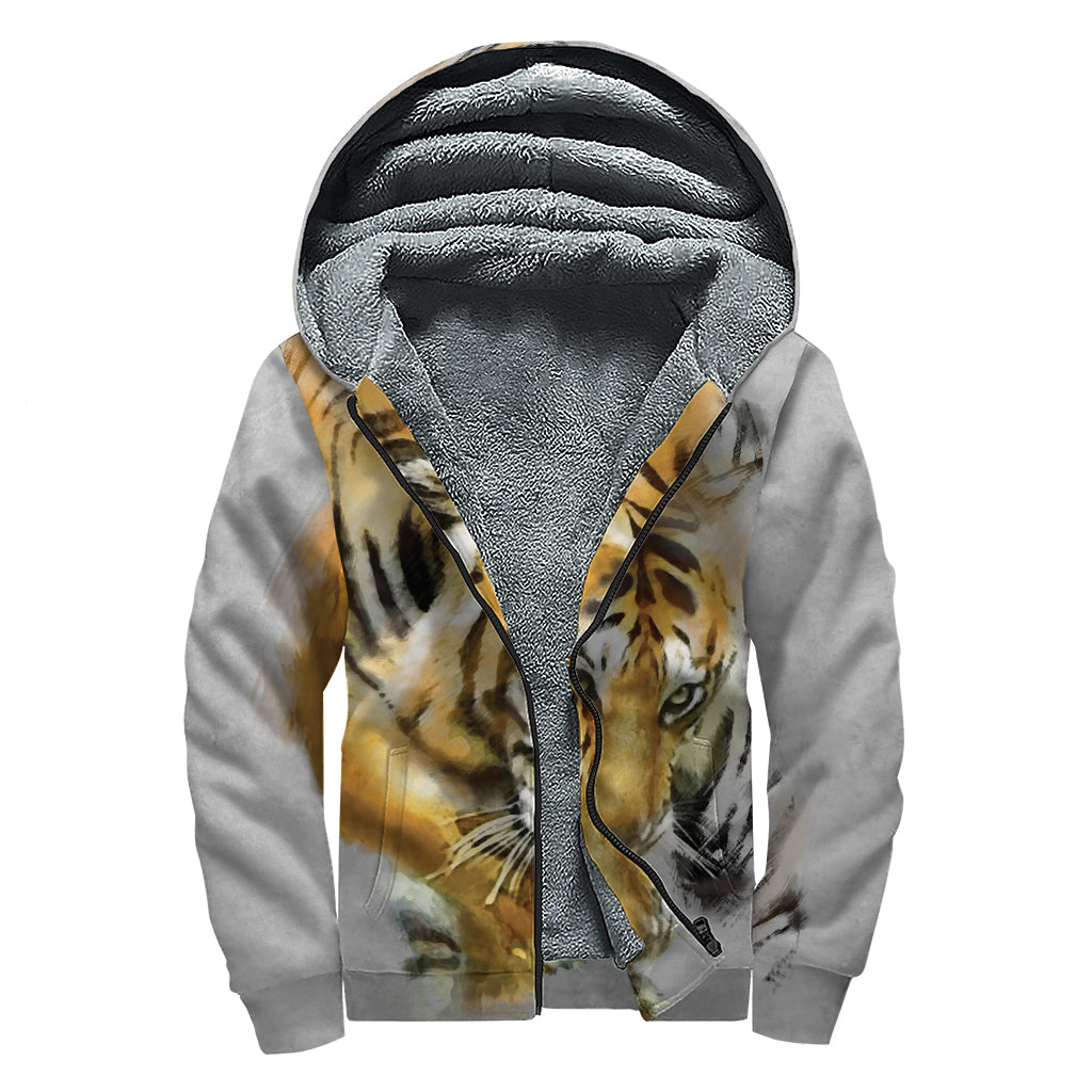 Tiger Painting Print Sherpa Lined Zip Up Hoodie