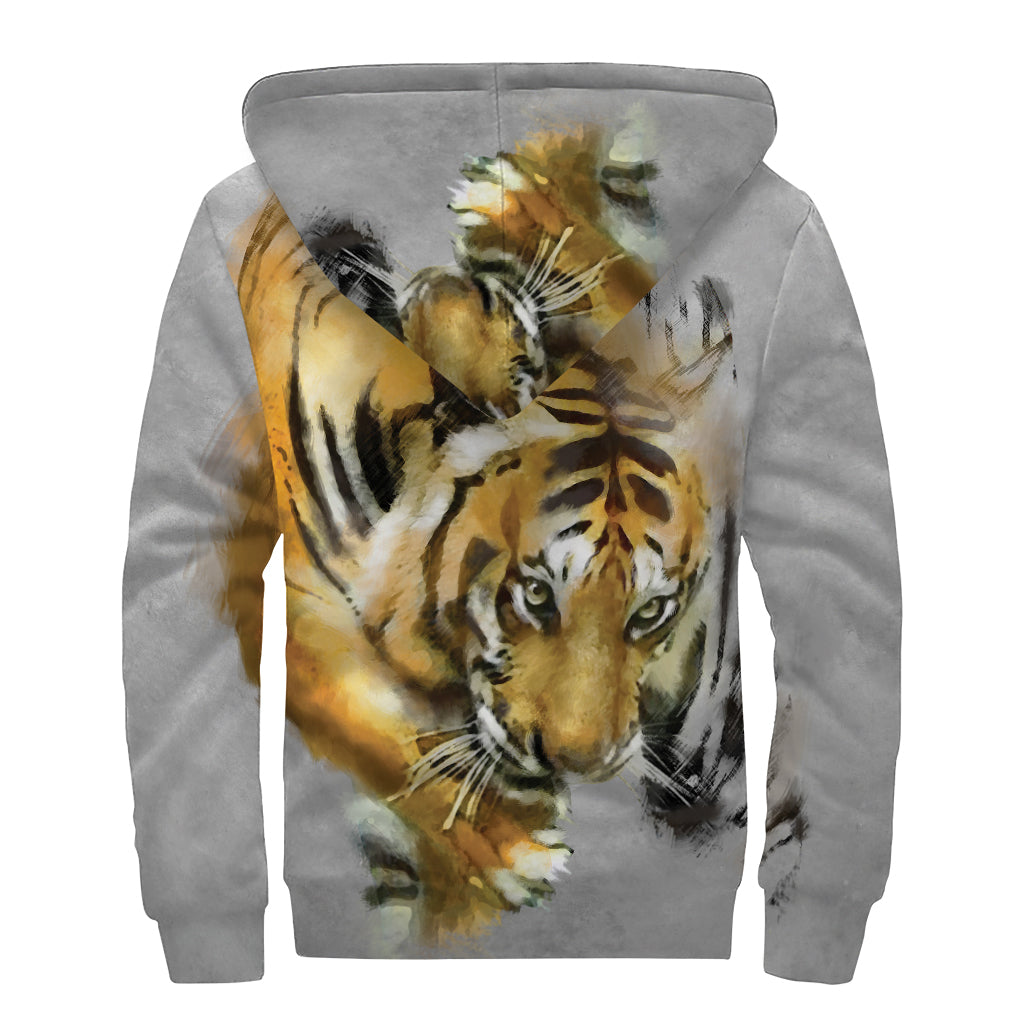 Tiger Painting Print Sherpa Lined Zip Up Hoodie