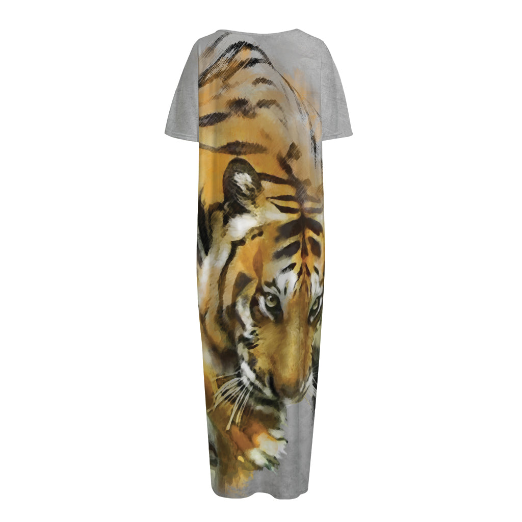 Tiger Painting Print Short Sleeve Long Nightdress