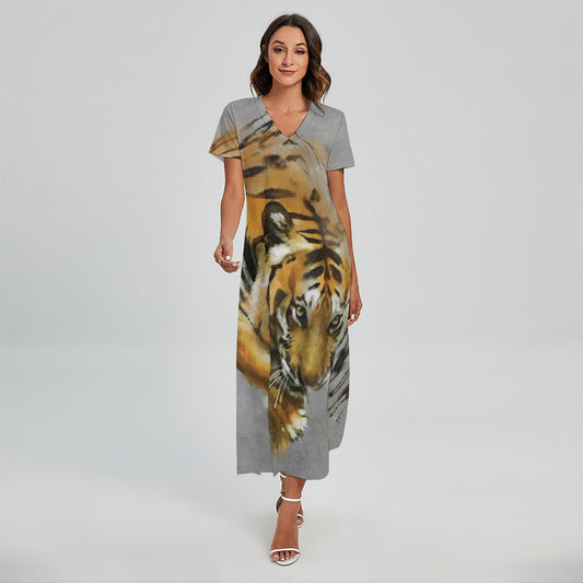 Tiger Painting Print Short Sleeve Maxi Dress