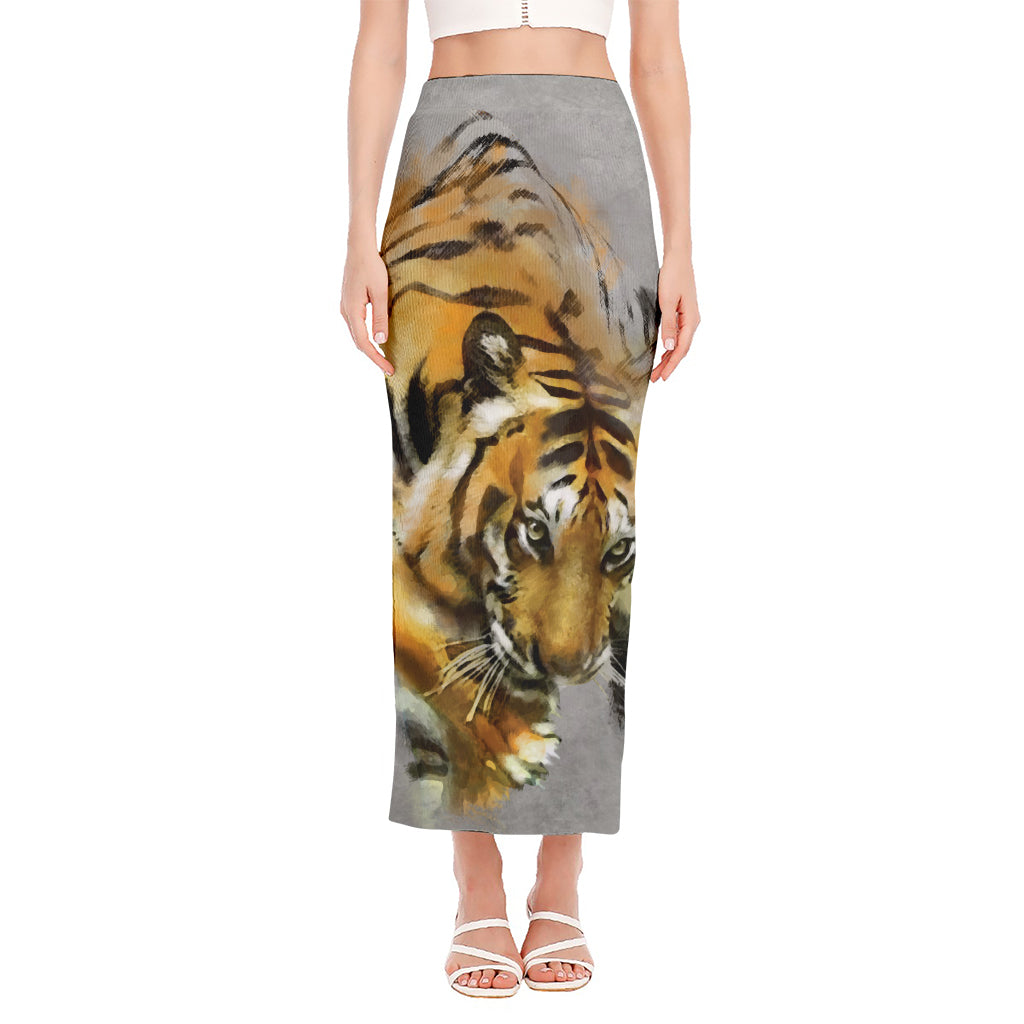 Tiger Painting Print Side Slit Maxi Skirt