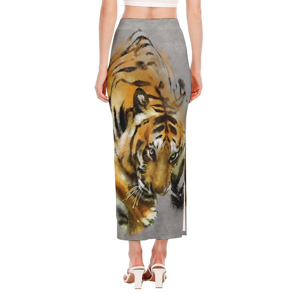 Tiger Painting Print Side Slit Maxi Skirt
