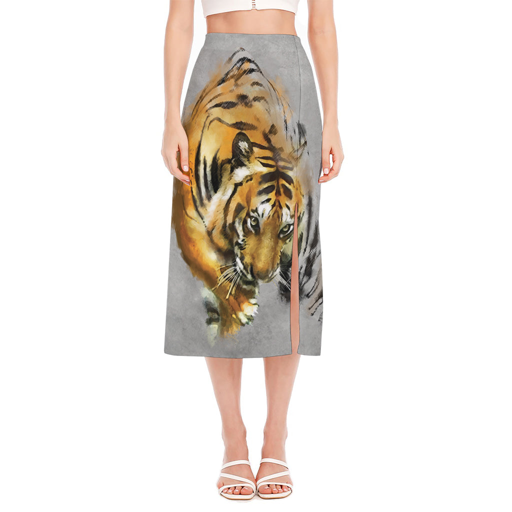 Tiger Painting Print Side Slit Midi Skirt