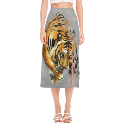 Tiger Painting Print Side Slit Midi Skirt