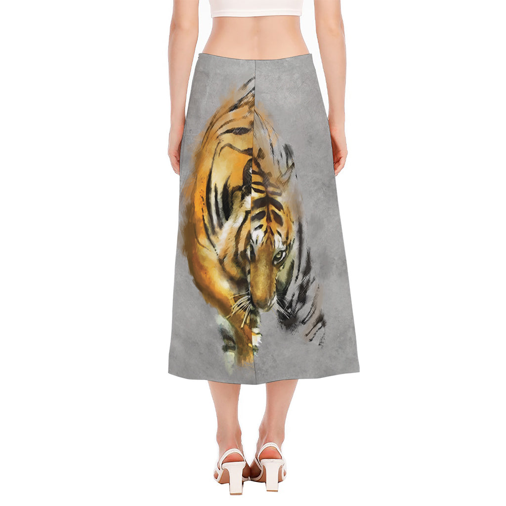 Tiger Painting Print Side Slit Midi Skirt