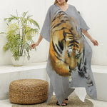 Tiger Painting Print Silk V-Neck Kaftan Dress