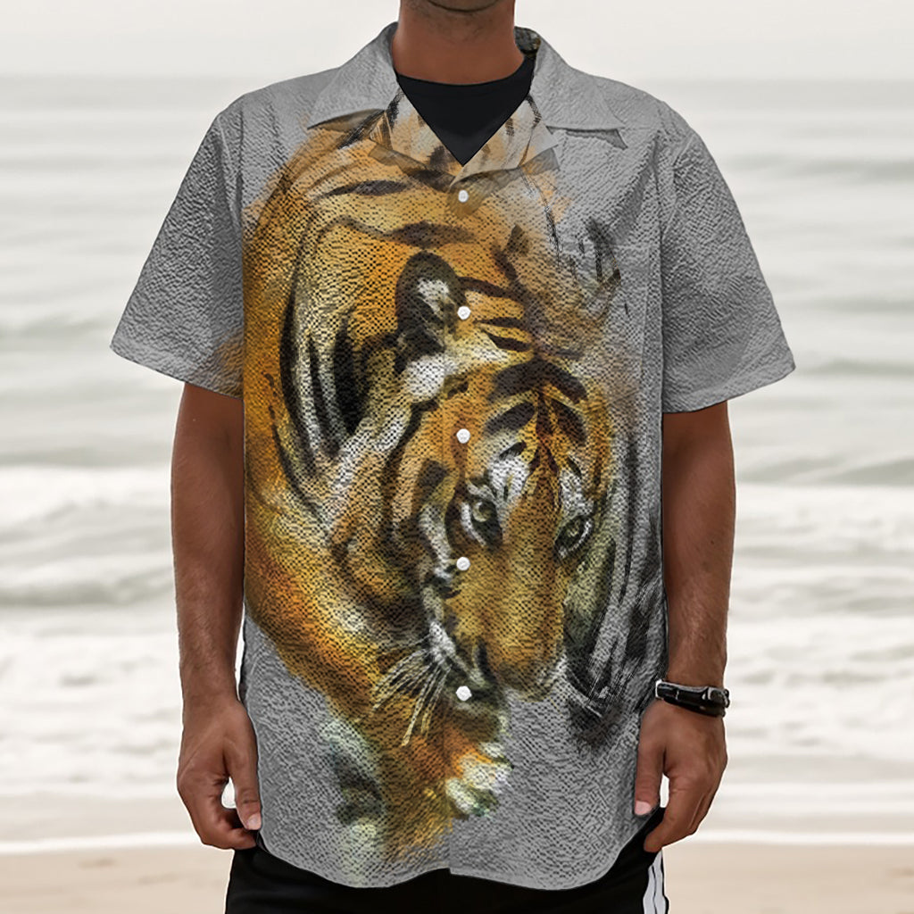 Tiger Painting Print Textured Short Sleeve Shirt