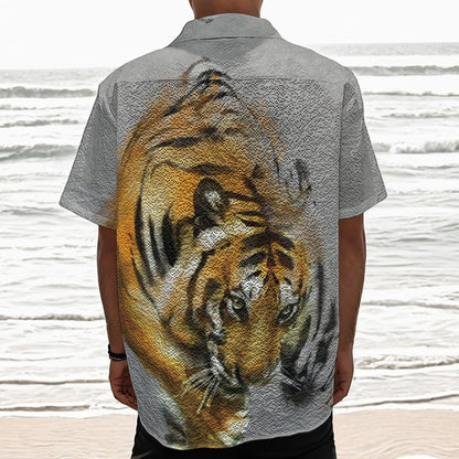 Tiger Painting Print Textured Short Sleeve Shirt