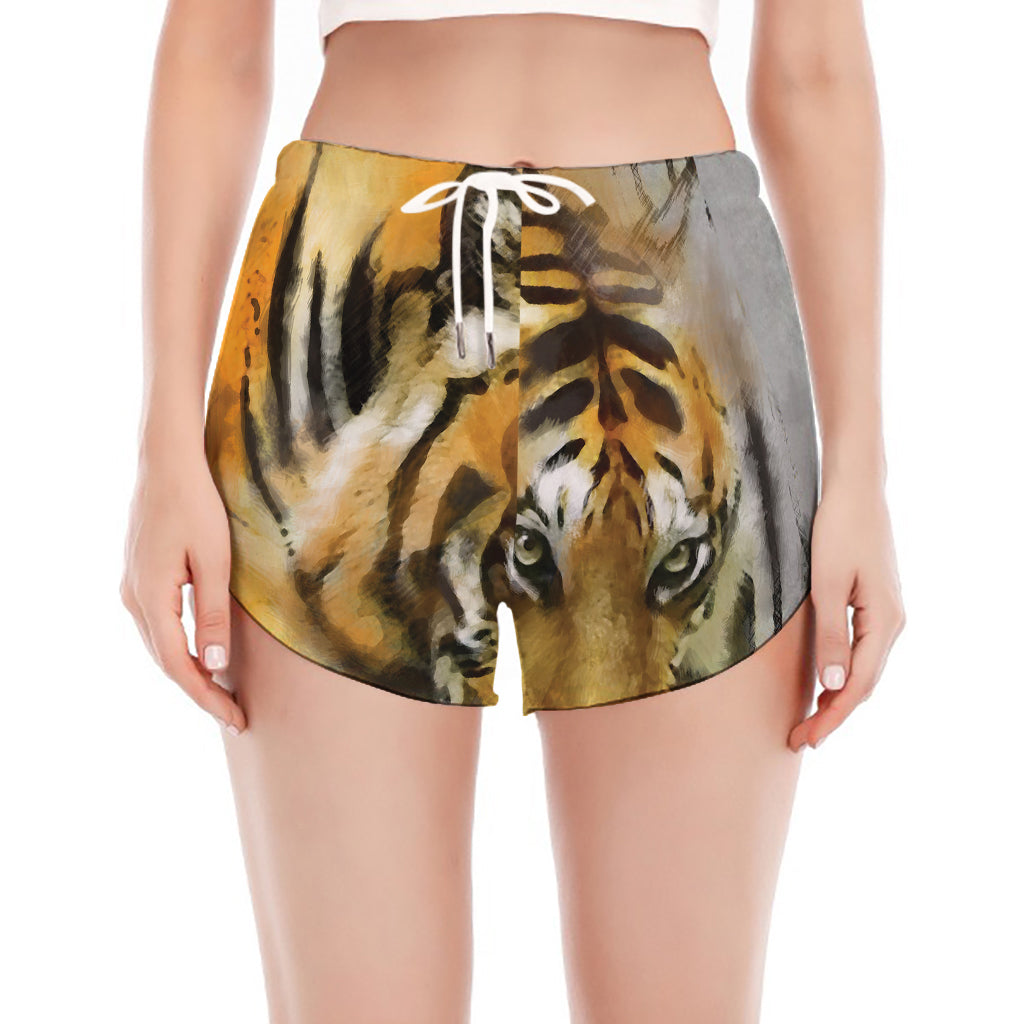 Tiger Painting Print Women's Split Running Shorts
