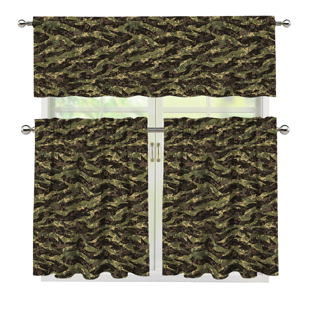Tiger Stripe Camouflage Pattern Print 3 Piece Kitchen Curtains