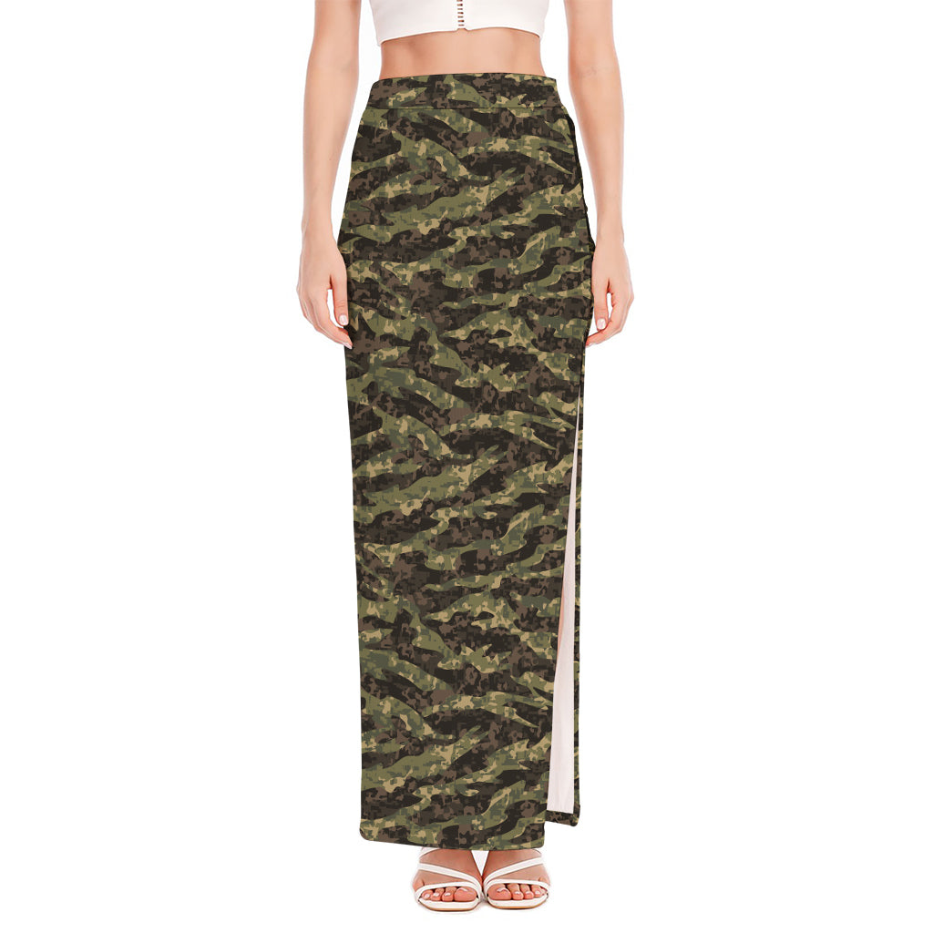 Tiger Stripe Camouflage Pattern Print High Slit Maxi Skirt