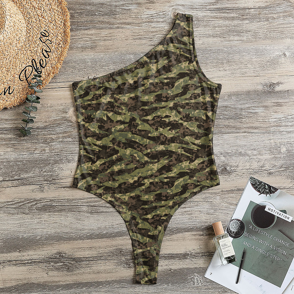 Tiger Stripe Camouflage Pattern Print One Shoulder Bodysuit