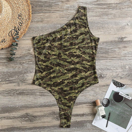 Tiger Stripe Camouflage Pattern Print One Shoulder Bodysuit