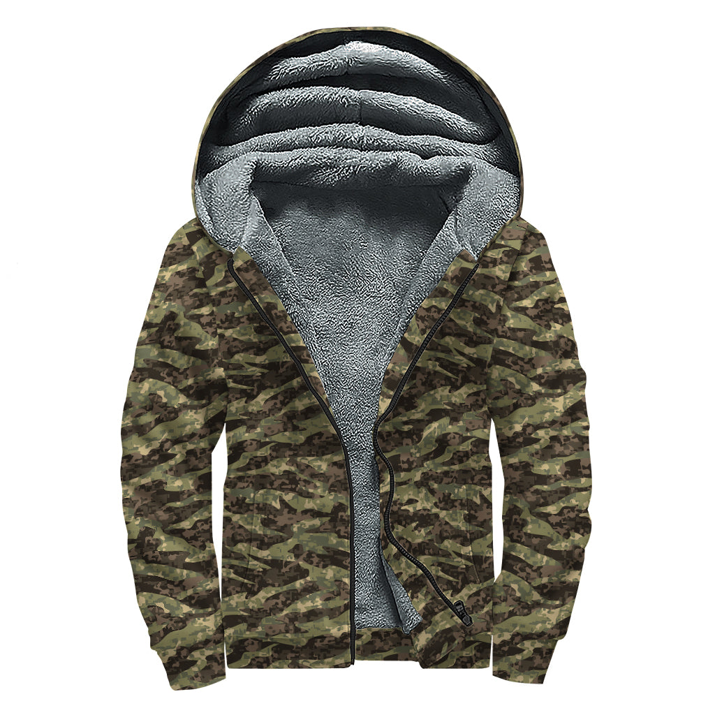 Tiger Stripe Camouflage Pattern Print Sherpa Lined Zip Up Hoodie