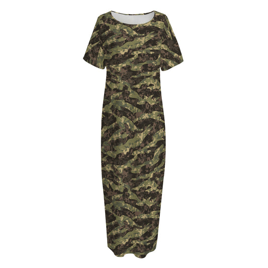 Tiger Stripe Camouflage Pattern Print Short Sleeve Long Nightdress