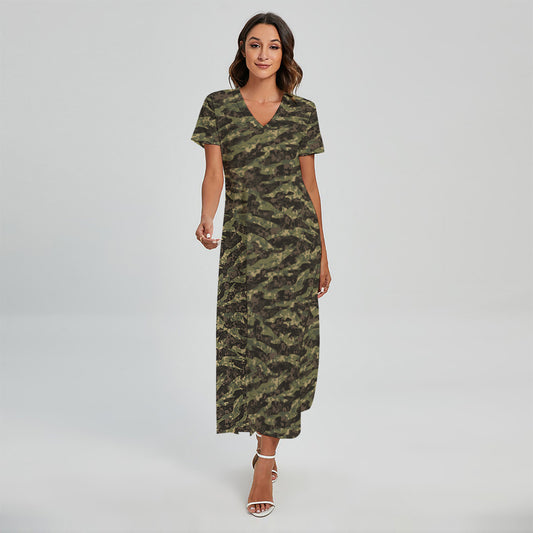 Tiger Stripe Camouflage Pattern Print Short Sleeve Maxi Dress