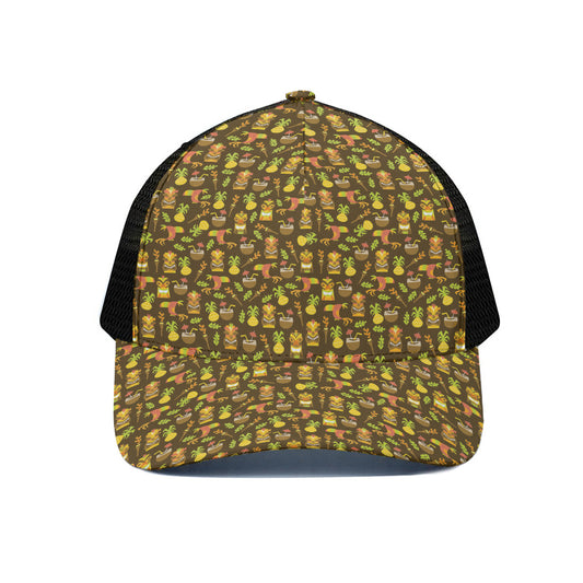Tiki Luau Pattern Print Black Mesh Trucker Cap