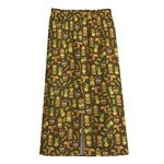 Tiki Luau Pattern Print Cotton Front Slit Maxi Skirt