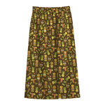 Tiki Luau Pattern Print Cotton Front Slit Maxi Skirt