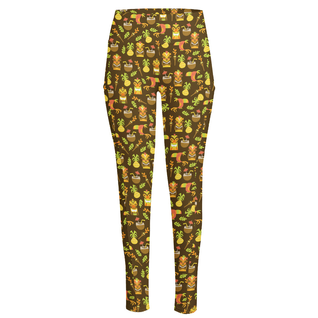 Tiki Luau Pattern Print High-Waisted Pocket Leggings