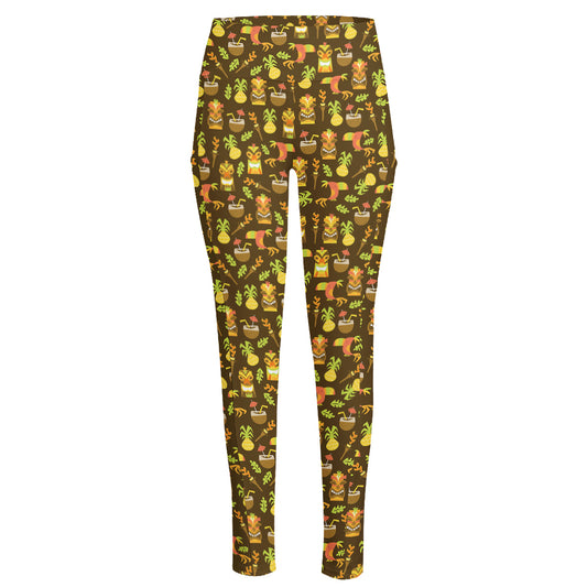 Tiki Luau Pattern Print High-Waisted Pocket Leggings