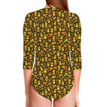 Tiki Luau Pattern Print Long Sleeve Swimsuit