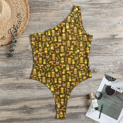 Tiki Luau Pattern Print One Shoulder Bodysuit