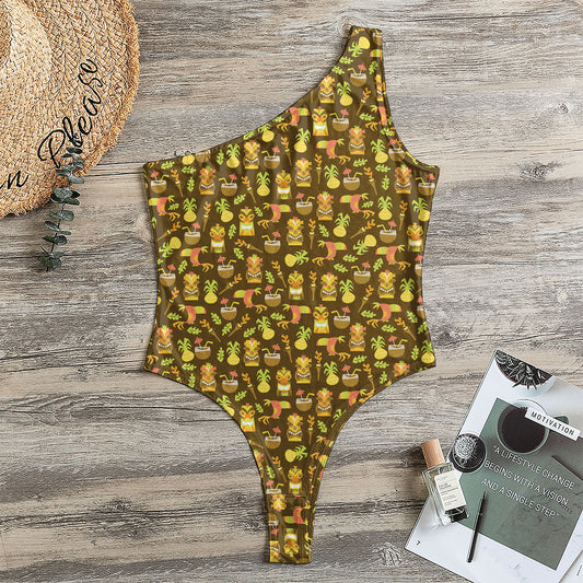 Tiki Luau Pattern Print One Shoulder Bodysuit