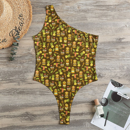 Tiki Luau Pattern Print One Shoulder Bodysuit