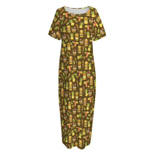 Tiki Luau Pattern Print Short Sleeve Long Nightdress