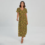Tiki Luau Pattern Print Short Sleeve Maxi Dress
