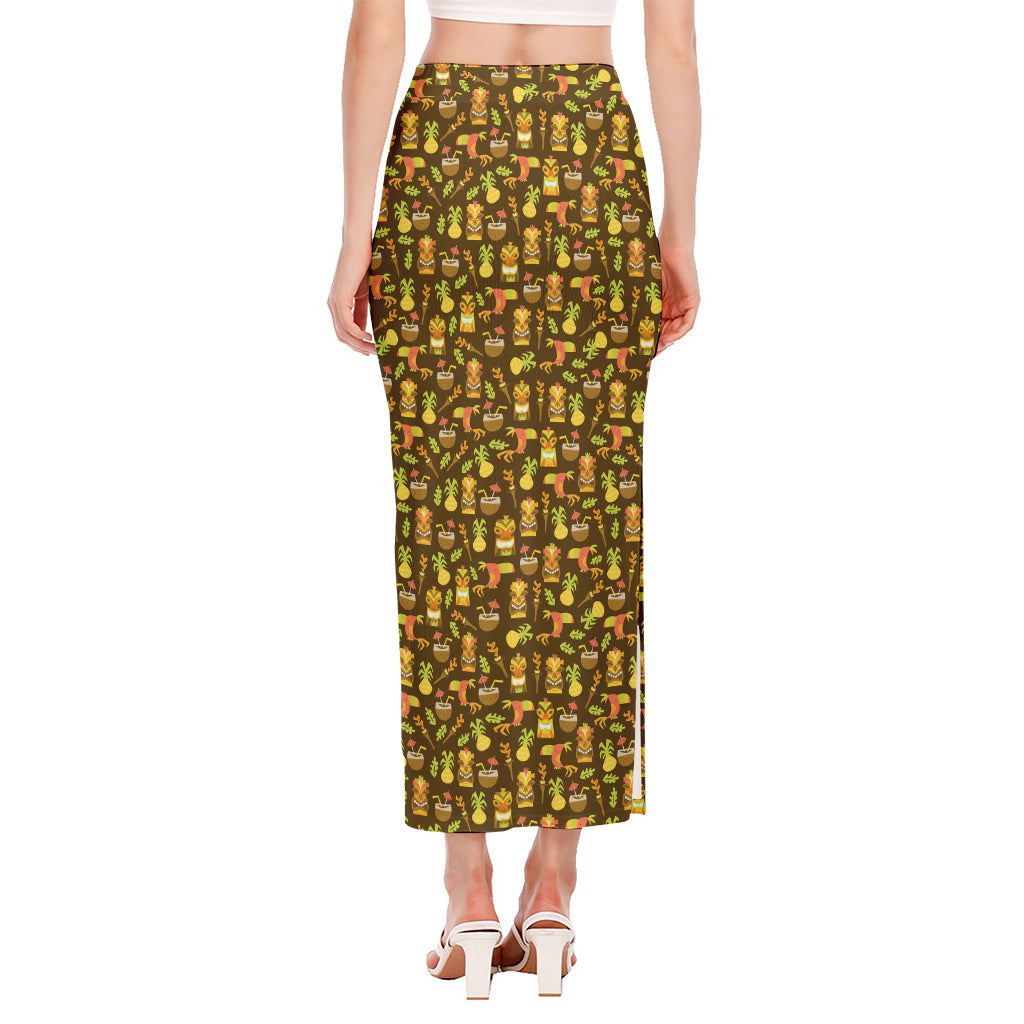 Tiki Luau Pattern Print Side Slit Maxi Skirt
