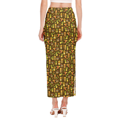 Tiki Luau Pattern Print Side Slit Maxi Skirt