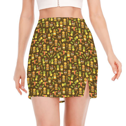 Tiki Luau Pattern Print Side Slit Mini Skirt