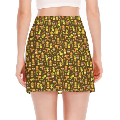 Tiki Luau Pattern Print Side Slit Mini Skirt