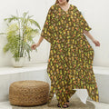 Tiki Luau Pattern Print Silk V-Neck Kaftan Dress