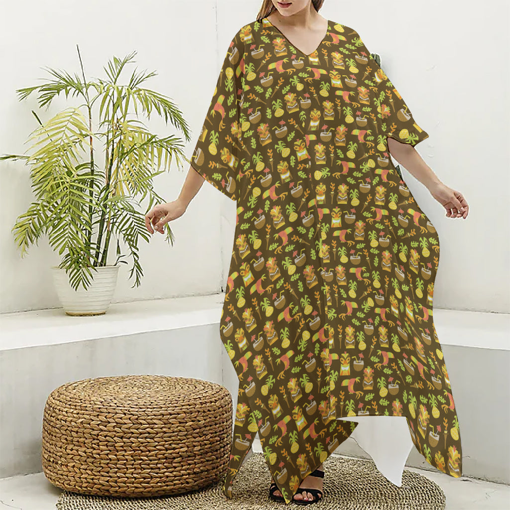Tiki Luau Pattern Print Silk V-Neck Kaftan Dress