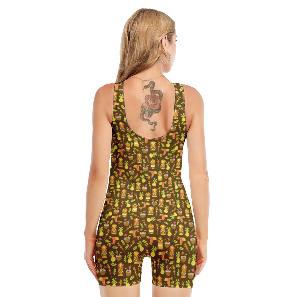 Tiki Luau Pattern Print Sleeveless One Piece Swimsuit