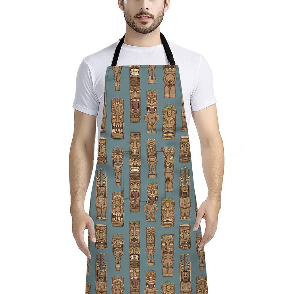 Tiki Totem Pattern Print Bib Apron With Pocket
