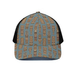 Tiki Totem Pattern Print Black Mesh Trucker Cap