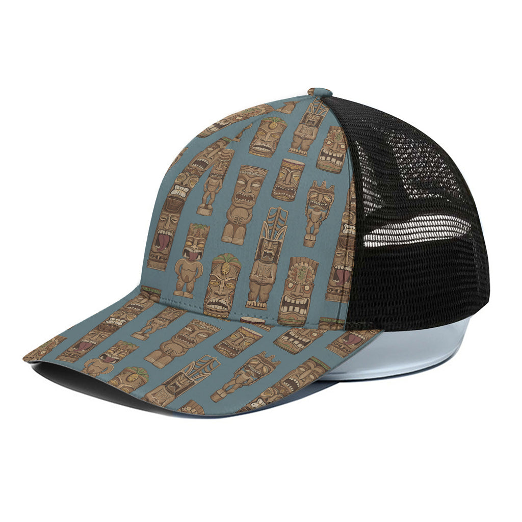 Tiki Totem Pattern Print Black Mesh Trucker Cap