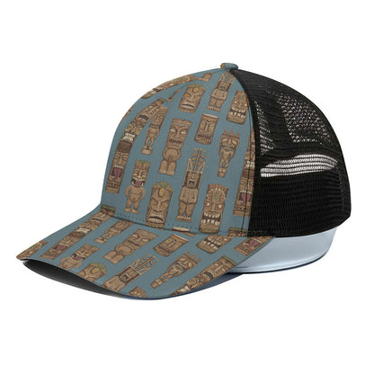 Tiki Totem Pattern Print Black Mesh Trucker Cap